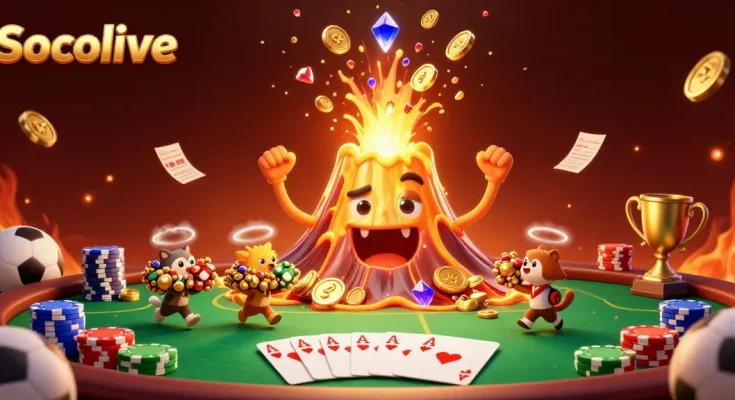 Socolive brings excitement as a golden volcano erupts with treasure amidst thrilling sports betting elements.