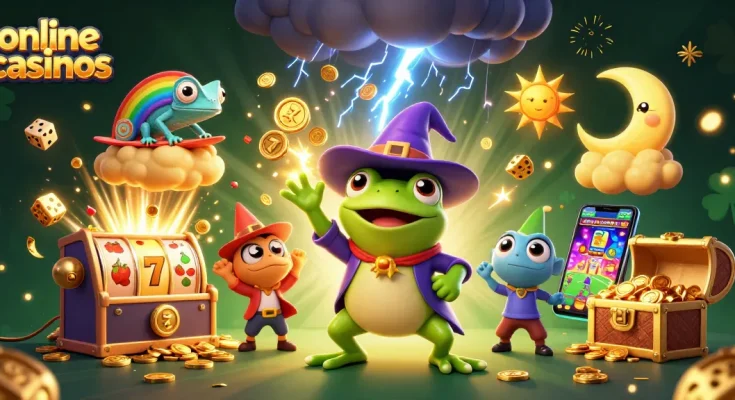 Experience online casinos with a wizard frog and chameleon amidst a treasure-filled casino scene.