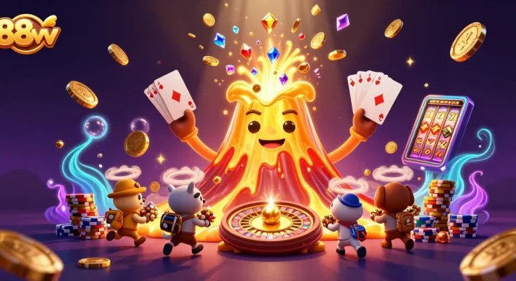 Win big at 88vv with treasures from a gold erupting volcano in a vibrant casino scene.