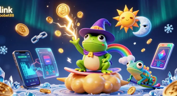 Experience thrilling action with link sbobet88 as characters celebrate wins with coins and crypto elements.