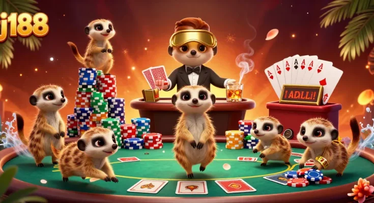 Engage in winning strategies at j188’s exciting cartoon meerkat casino scene.