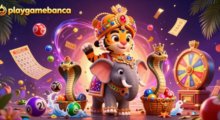 Engage with playgamebanca's vibrant lottery scene featuring a tiger and elephant amidst dynamic game elements.