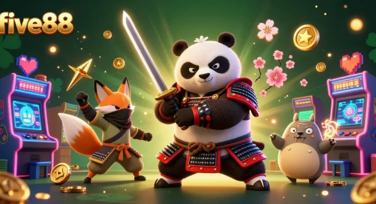 Join the excitement of five88 gaming with a 3D panda samurai and ninja fox amidst vibrant casino elements.