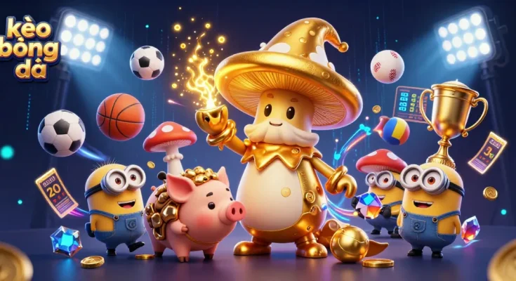 Engage in kèo bóng đá with a magical golden mushroom wizard, sports elements, and vibrant action!