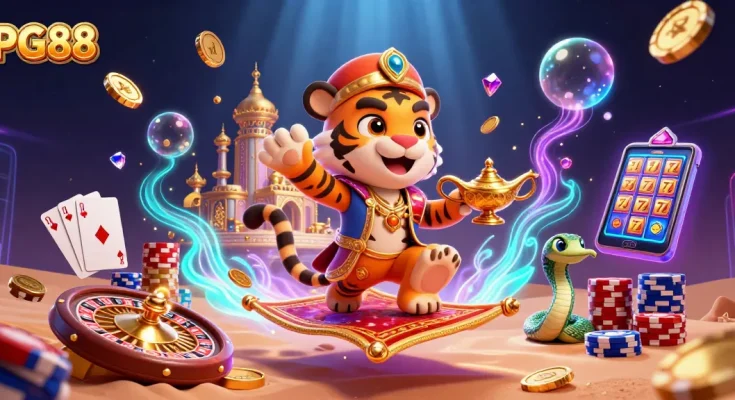 Engage in vibrant PG88 casino adventures with the tiger sultan on a magic carpet amidst gold and gems.
