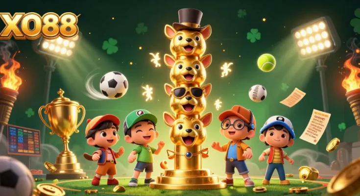 Experience thrilling sports betting with XO88's lively casino illustration featuring totem pole and dynamic game elements.