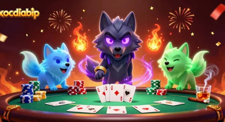 Experience the thrill of xocdiabip with a lively poker scene featuring glowing wolves and vibrant casino decor.