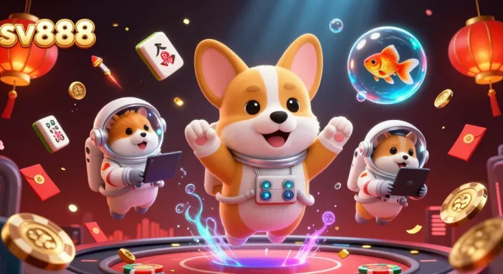 Experience thrilling play at sv888 with floating casino elements in a vibrant space scene.