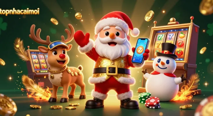 Spin the jackpot with topnhacaimoi's festive Santa and friends in a vibrant casino scene.