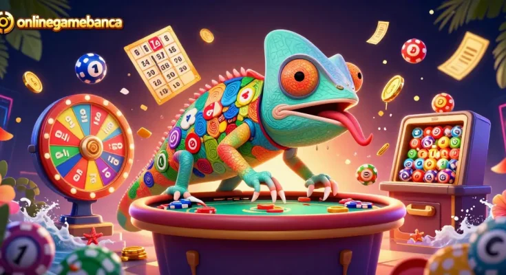 Win big with onlinegamebanca, featuring vibrant casino elements and lively chameleon owner.