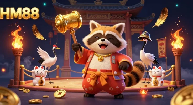 Experience the excitement of HM88 with this vibrant 3D illustration featuring a cheerful tanuki and maneki-neko cats in an engaging casino scene.