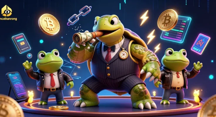 Experience the thrill of bancathanrong's dynamic casino scene with a mobster turtle and crypto elements.