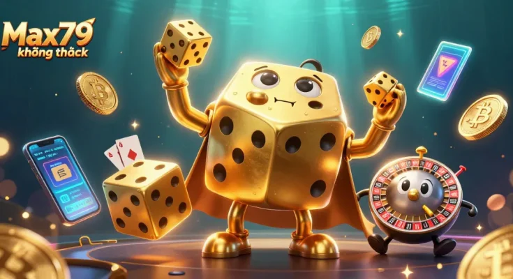 Max79 không chặn showcases a thrilling 3D casino scene filled with dynamic gambling elements.
