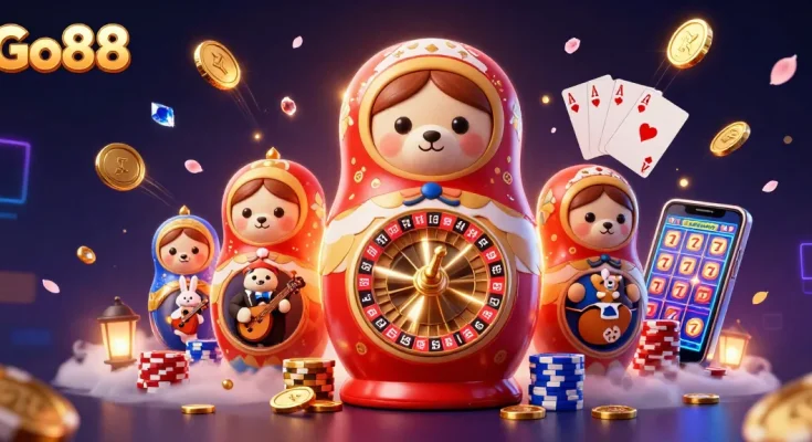 Engage with Go88 through a lively 3D illustration of a Matryoshka bear surrounded by casino elements, bringing casino fun to life.