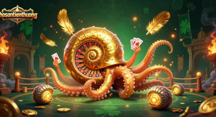 Engage with thosantienthuong's thrilling casino scene featuring a nautilus roulette wheel and glowing cards.