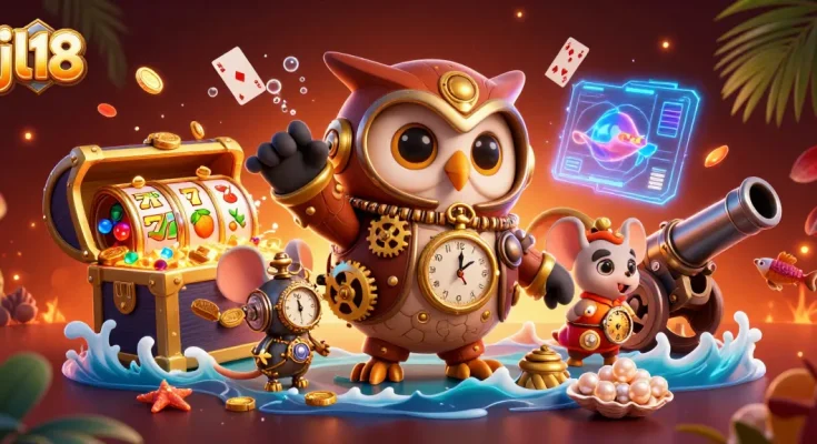 Engage with the thrilling world of jl18 casino games including 3D characters, slot reels, and vibrant elements.