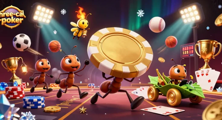Experience excitement with three-card-poker, featuring dynamic ant characters and golden poker chips.