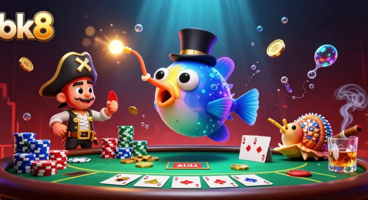 Win big with bk8 in a vibrant casino scene featuring unique underwater characters and thrilling poker elements.