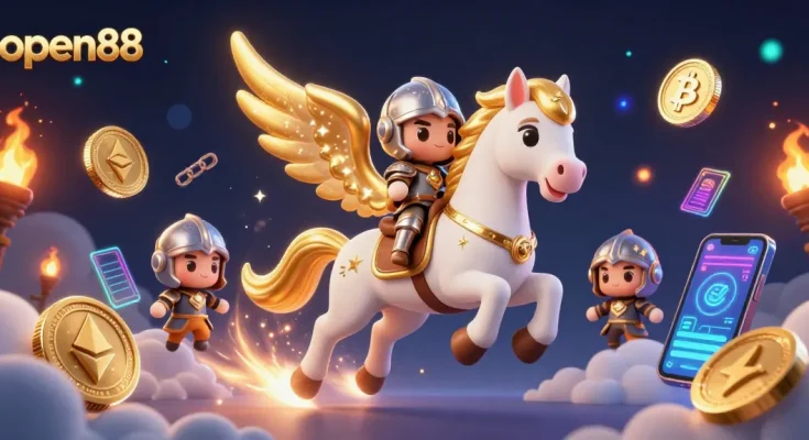 Experience exciting gameplay at open88 with a magical scene of a celestial horse and knight amidst glowing crypto elements.