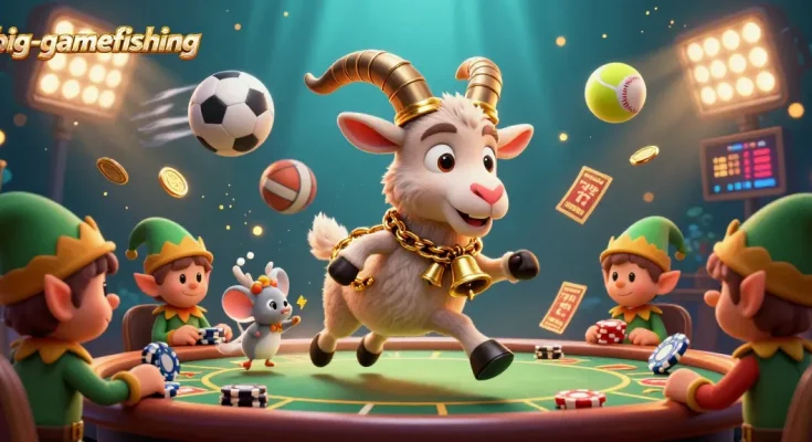 Big-gamefishing casino scene with 3D Krampus goat, angel mouse, and elf gremlins stealing chips in a festive atmosphere.