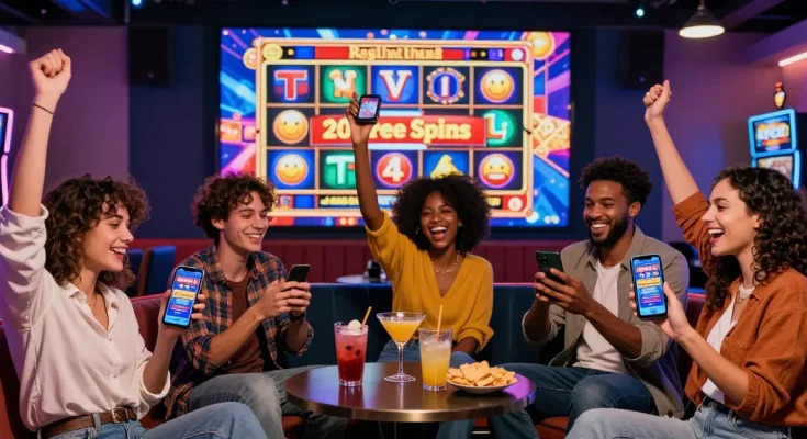 Group of friends enjoying the excitement of 20 free spins on registration no deposit at an online casino, with vibrant slot game visuals in the background.