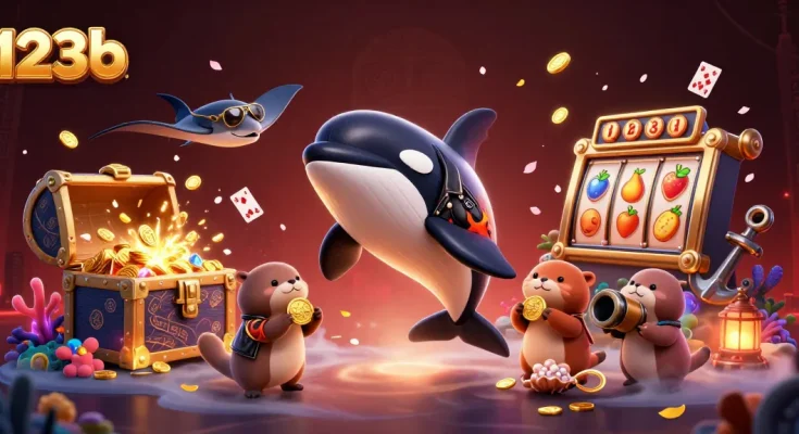 Experience thrilling gaming at 123b with underwater treasures, animated slot reels, and floating playing cards.