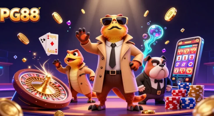 Experience PG88 action with thrilling raptors in a trench coat pretending to enter a VIP casino lounge.