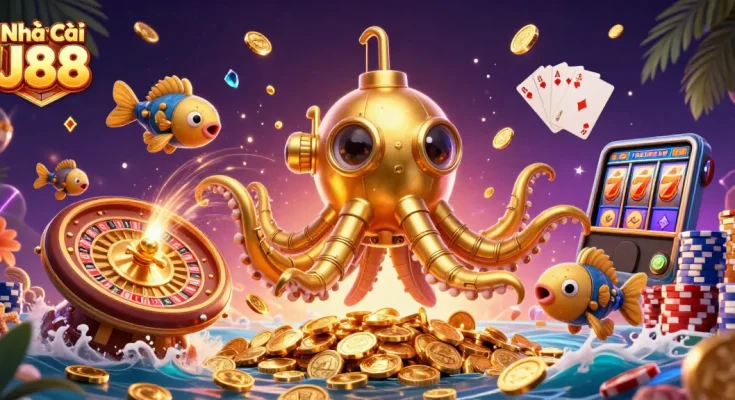 Experience the thrill of action with Nhà cái J88 in this vibrant 3D casino scene featuring slots and poker elements.