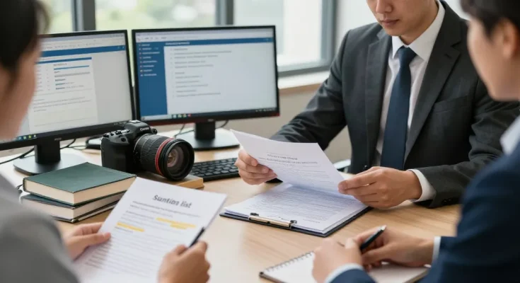 Valken Legal consultant reviewing sanctions list with a client in legal office