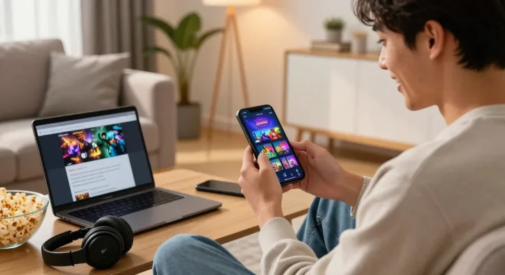 Enjoying the Slot7000 app in a cozy living room with vibrant game graphics.