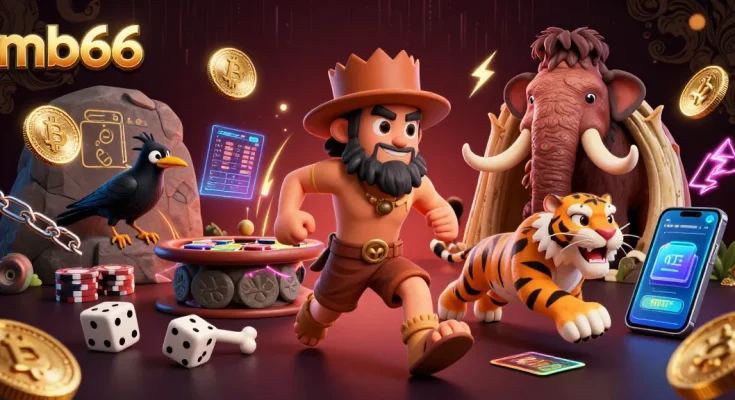 Engage with mb66 in this dynamic 3D scene featuring a caveman and sabertooth tiger running a crypto casino.