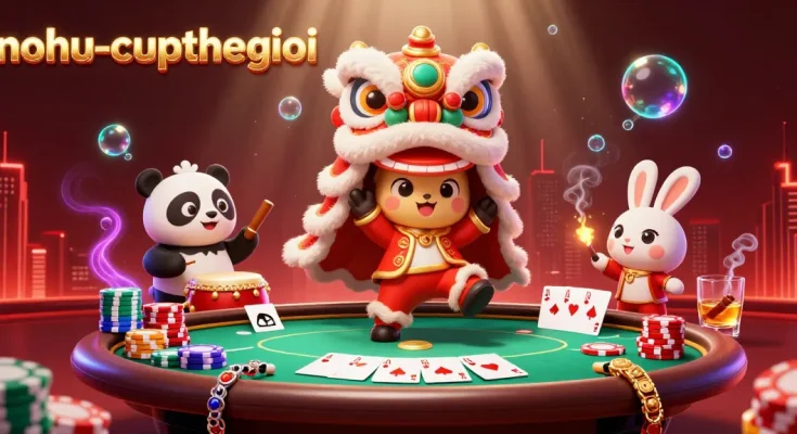 Experience exhilarating fun with nohu-cupthegioi showcasing a lion dance, poker elements, and casino excitement.