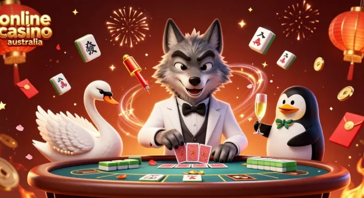 Experience the thrill of online casino Australia with vibrant characters and festive details.