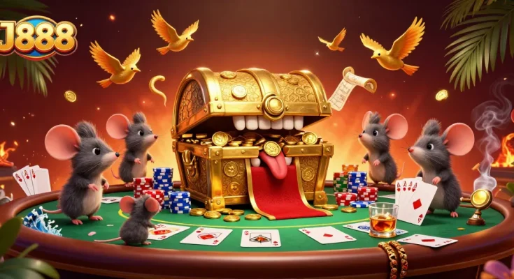 Experience thrilling action with J888 as adventurer mice explore a treasure chest in a vibrant casino illustration.