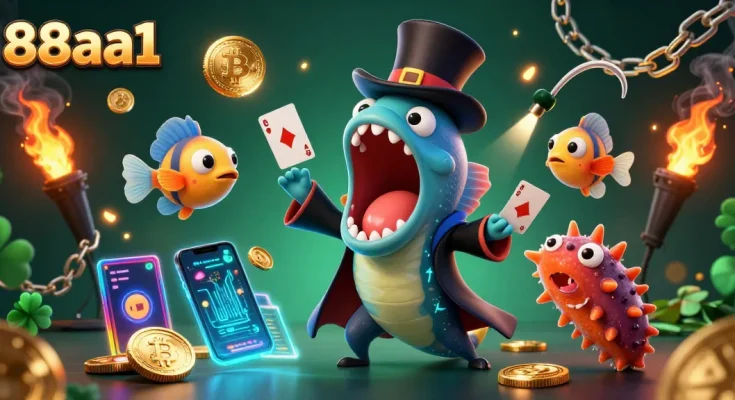 Play and win with 88aa1 in an exciting 3D casino illustration showcasing card tricks and vibrant game elements.