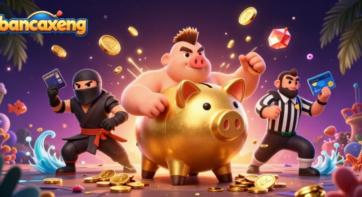 Experience fishing thrills with bancaxeng as a golden piggy bank sumo wrestler shakes loose coins!