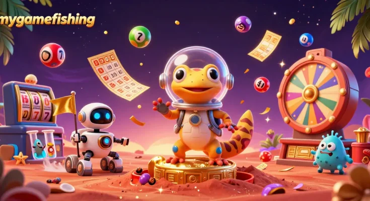 Engage in mygamefishing with a gecko exploring a vibrant golden casino in an ultra-detailed scene.