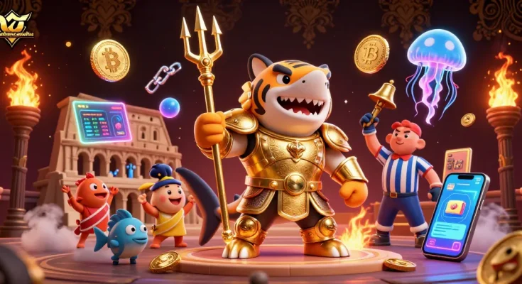 Engage in thrilling gamebancanohu action with a shark gladiator and crypto elements.